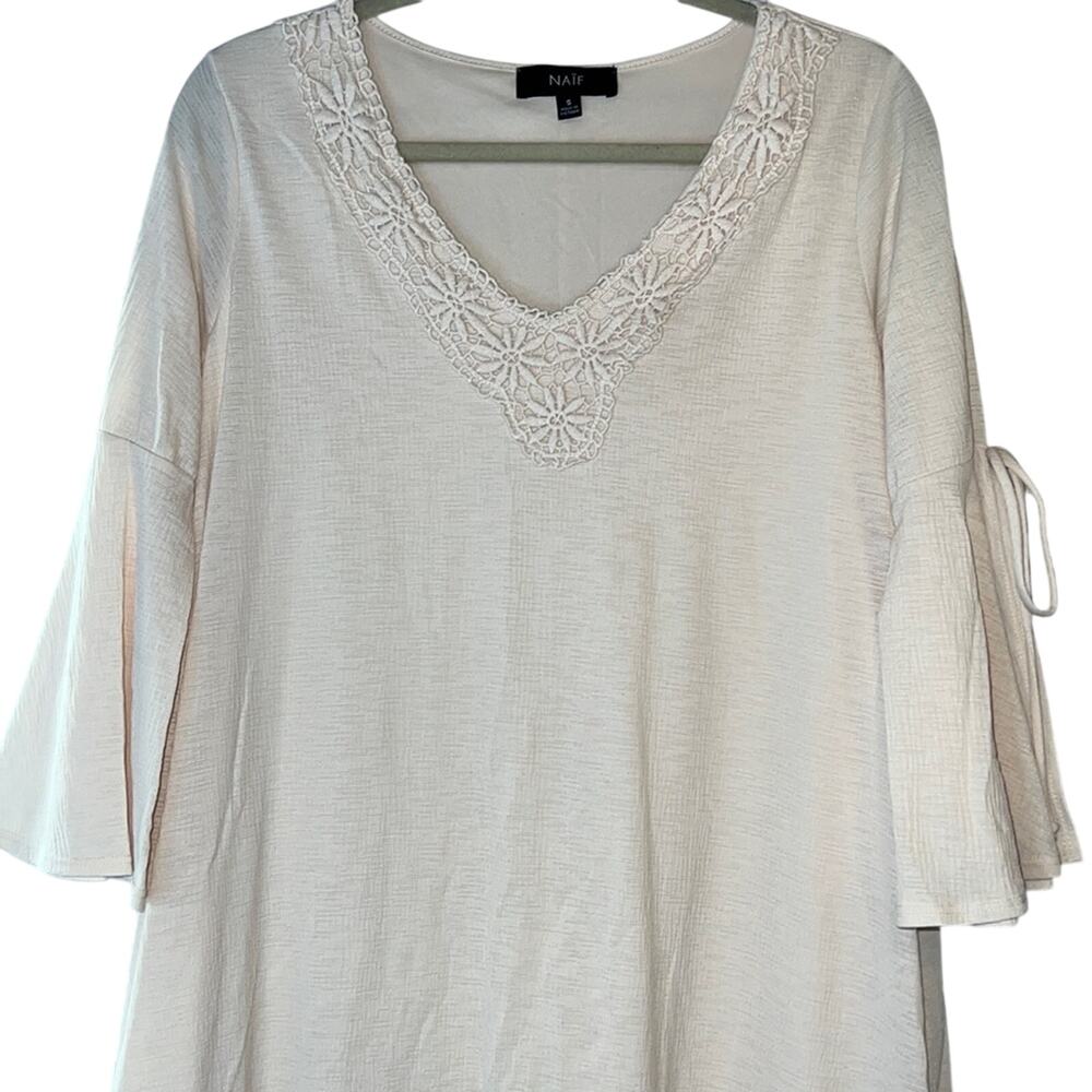 NAIF Ladies Size Small, Cream Midi Dress, Lace, Flare Sleeves